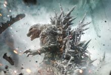 Cover-Bild für den Film Godzilla Minus One. Godzilla steht in einer Schneise der Zerstörung und guckt finster in die Kamera