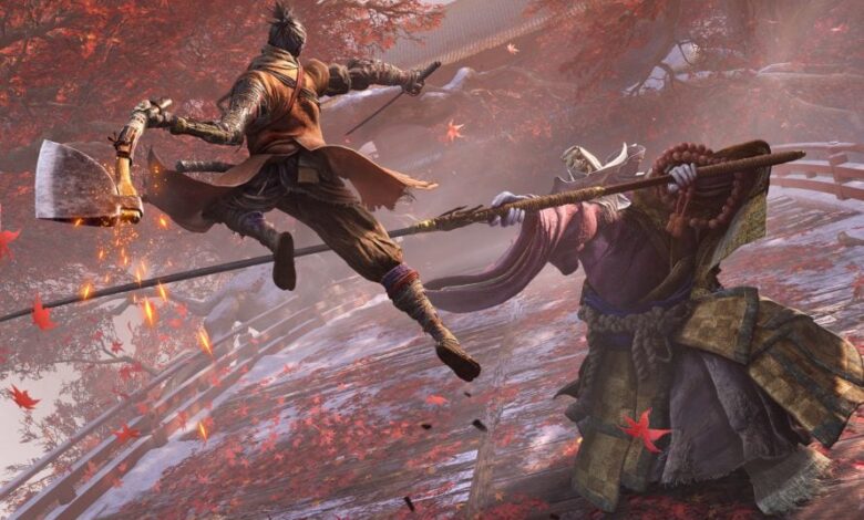 Sekiro-Shadows die Twice Promo Bild. Sekiro gegen den Korrupten Mönch