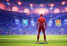 Rematch - Promo-Bild aus dem Press-Kit. Es zeigt einen Fußballspieler auf dem Feld mit Blick auf das gegnerische Tor