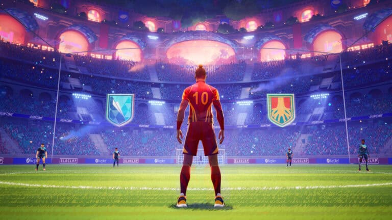 Rematch - Promo-Bild aus dem Press-Kit. Es zeigt einen Fußballspieler auf dem Feld mit Blick auf das gegnerische Tor