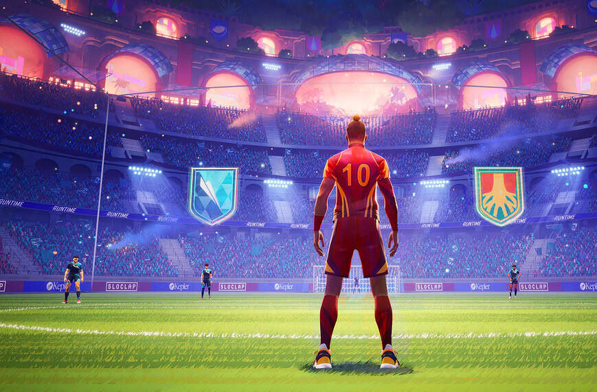 Rematch - Promo-Bild aus dem Press-Kit. Es zeigt einen Fußballspieler auf dem Feld mit Blick auf das gegnerische Tor