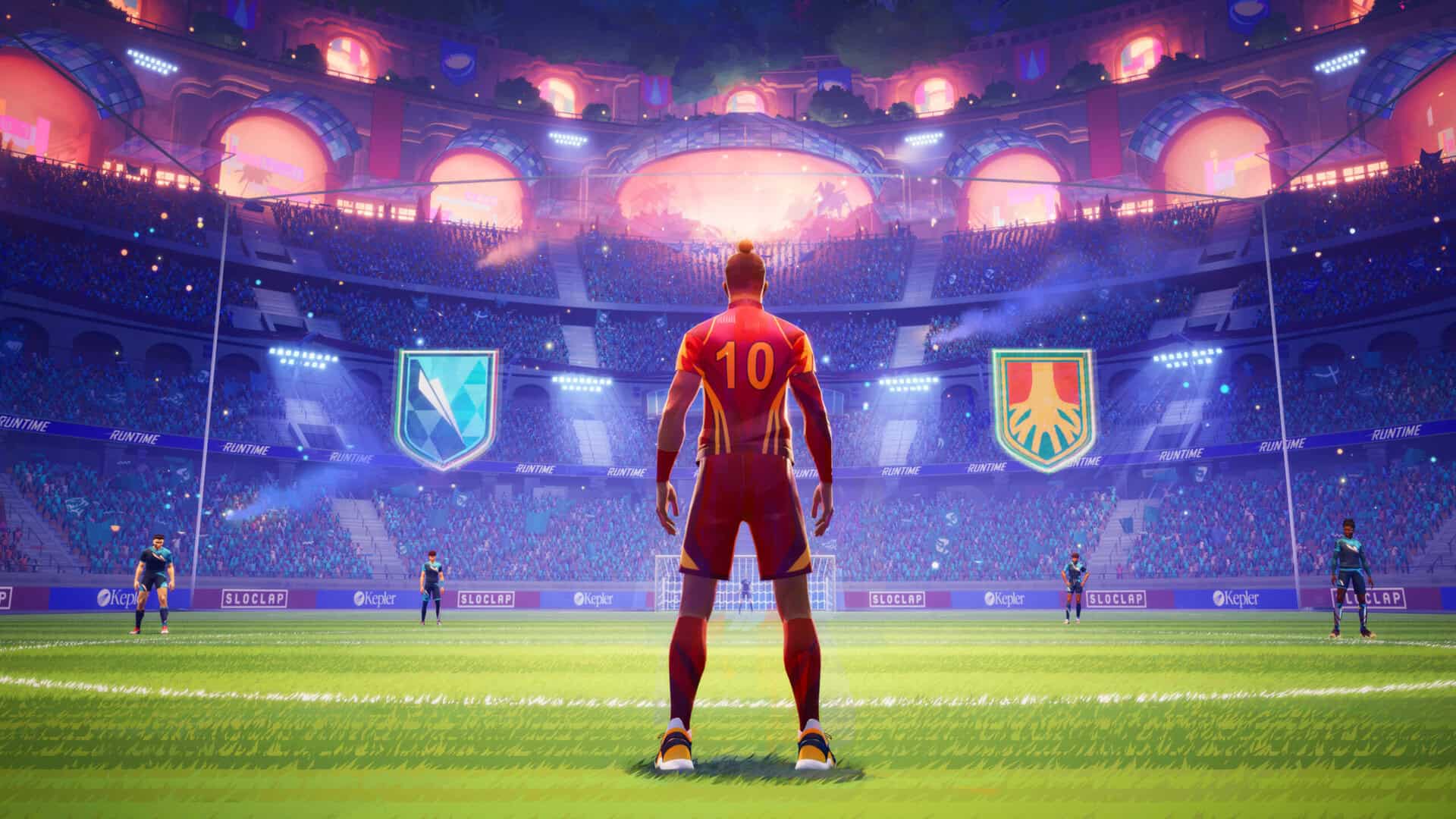 Rematch - Promo-Bild aus dem Press-Kit. Es zeigt einen Fußballspieler auf dem Feld mit Blick auf das gegnerische Tor